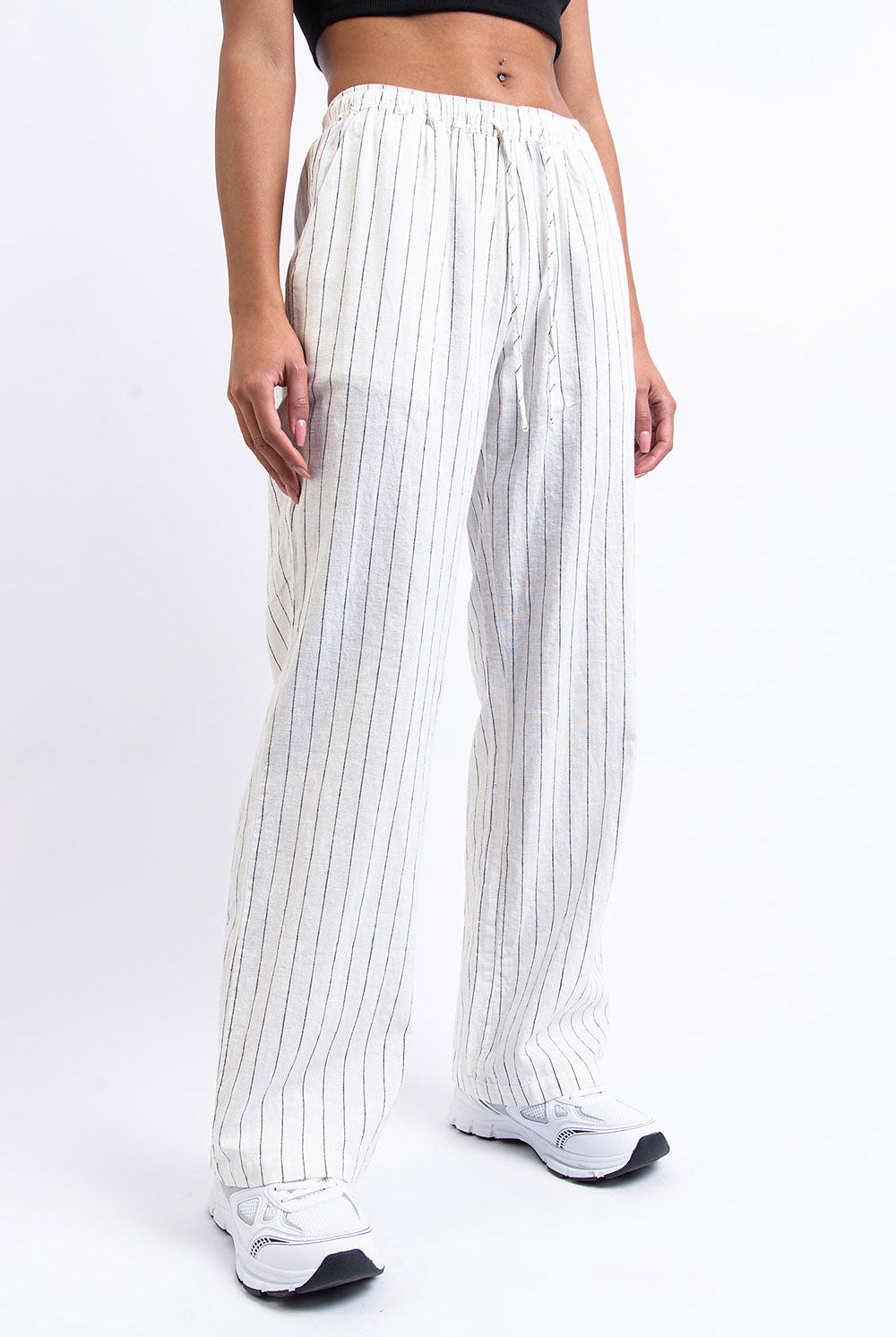 Mila 01Mid Straight Linen Pants - White Striped